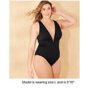 Women's 8-10 Plunge Neck Tummy Control Full Coverage‎ Black One Piece